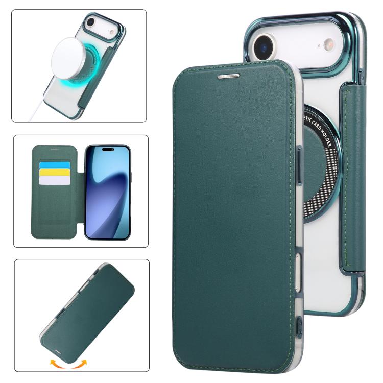 For iPhone Air Ultra-thin Magnetic Plating Vegan Leather Phone Case(Blackish Green)