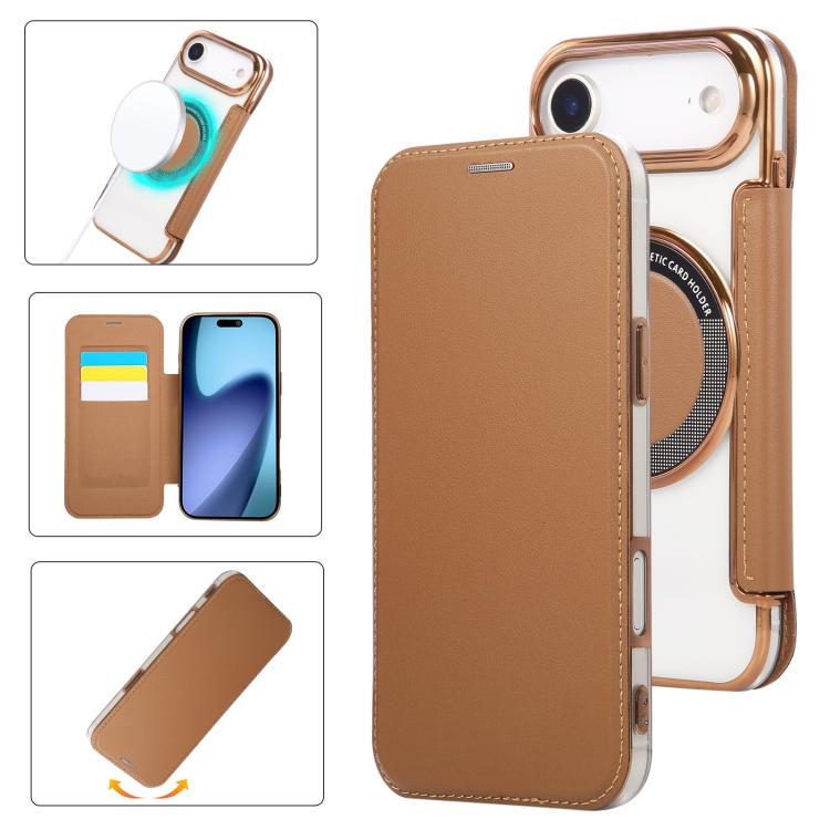 For iPhone Air Ultra-thin Magnetic Plating Vegan Leather Phone Case(Brown)