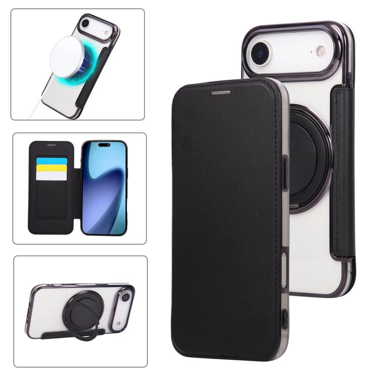 For iPhone Air Ultra-thin Rotation Holder Magnetic Plating Vegan Leather Phone Case(Black)