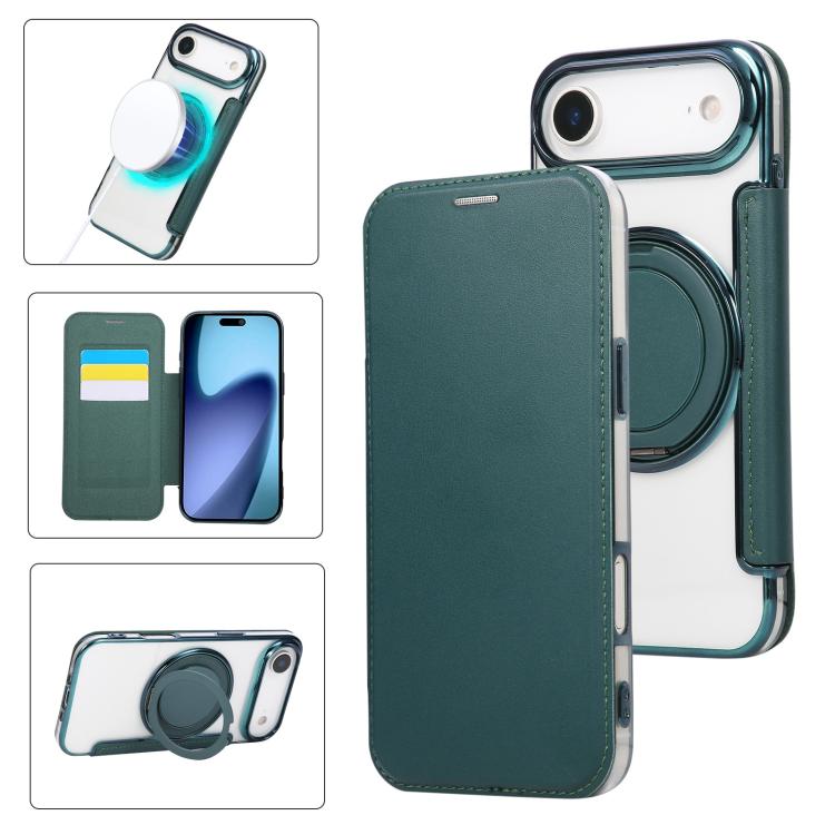For iPhone Air Ultra-thin Rotation Holder Magnetic Plating Vegan Leather Phone Case(Blackish Green)