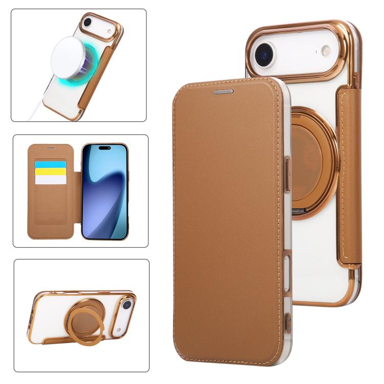 For iPhone Air Ultra-thin Rotation Holder Magnetic Plating Vegan Leather Phone Case(Brown)
