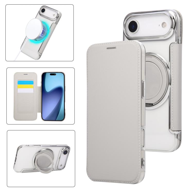 For iPhone Air Ultra-thin Rotation Holder Magnetic Plating Vegan Leather Phone Case(Grayish White)