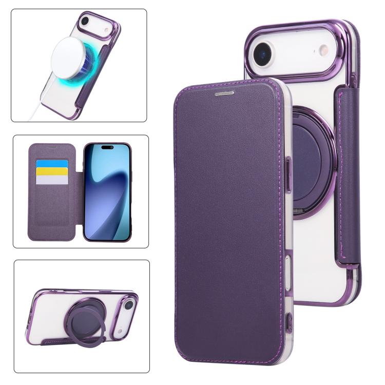 For iPhone Air Ultra-thin Rotation Holder Magnetic Plating Vegan Leather Phone Case(Purple)