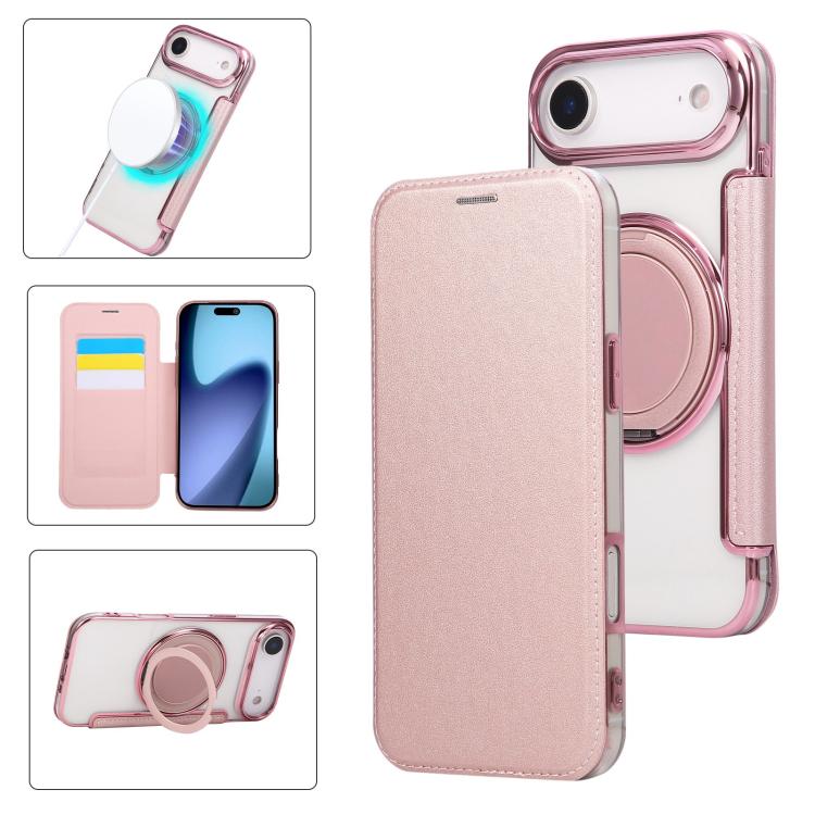 For iPhone Air Ultra-thin Rotation Holder Magnetic Plating Vegan Leather Phone Case(Rose Gold)