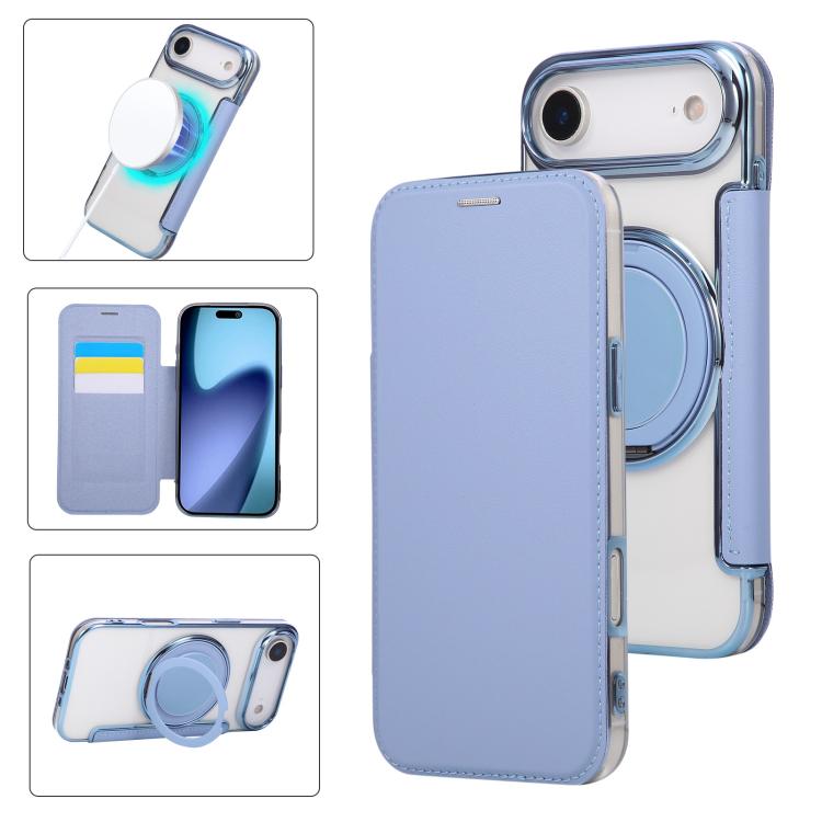 For iPhone Air Ultra-thin Rotation Holder Magnetic Plating Vegan Leather Phone Case(Sierra Blue)