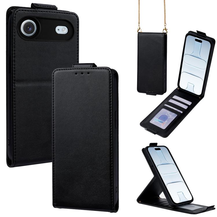 For iPhone Air Vertical Flip Cover Solid Color Vegan Leather Phone Case with Crossbody Chain(Black)