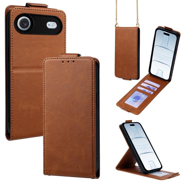 For iPhone Air Vertical Flip Cover Solid Color Vegan Leather Phone Case with Crossbody Chain(Brown)