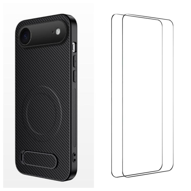 For iPhone Air WANLONFENG Kickstand Carbon Fiber Texture Magnetic Phone Case with 2pcs Screen Films(Black)
