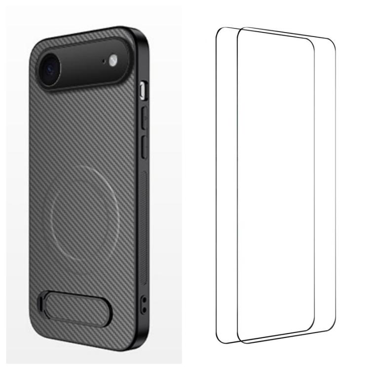 For iPhone Air WANLONFENG Kickstand Carbon Fiber Texture Magnetic Phone Case with 2pcs Screen Films(Grey)