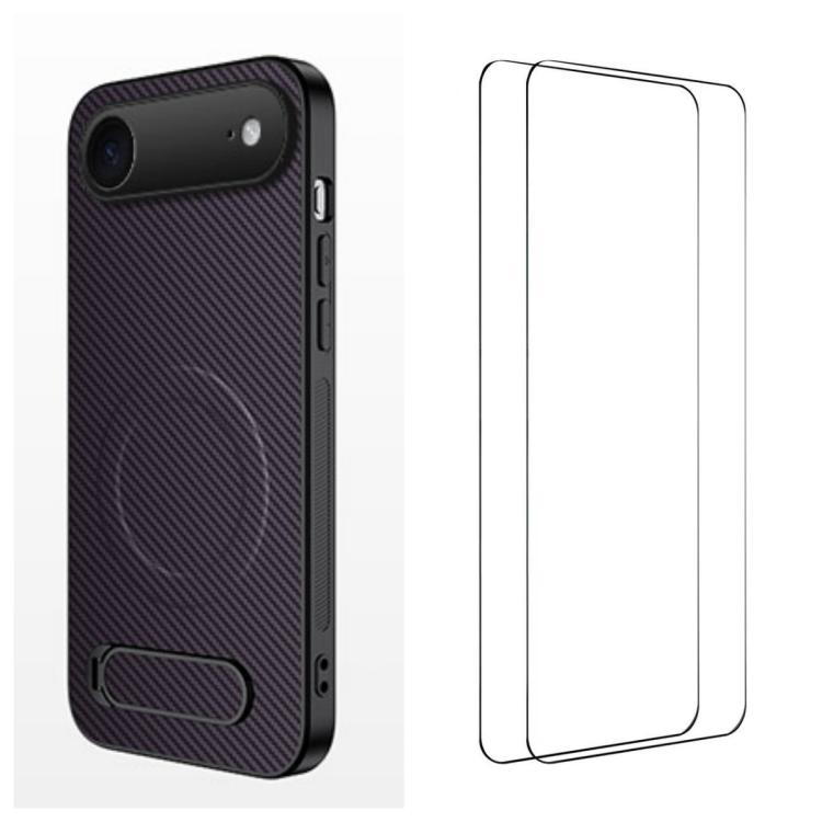 For iPhone Air WANLONFENG Kickstand Carbon Fiber Texture Magnetic Phone Case with 2pcs Screen Films(Purple)