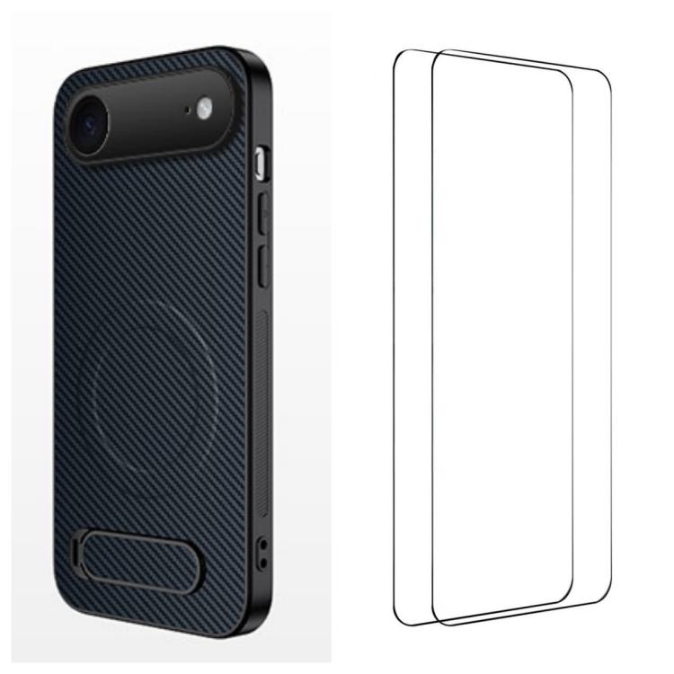 For iPhone Air WANLONFENG Kickstand Carbon Fiber Texture Magnetic Phone Case with 2pcs Screen Films(Sapphire Blue)