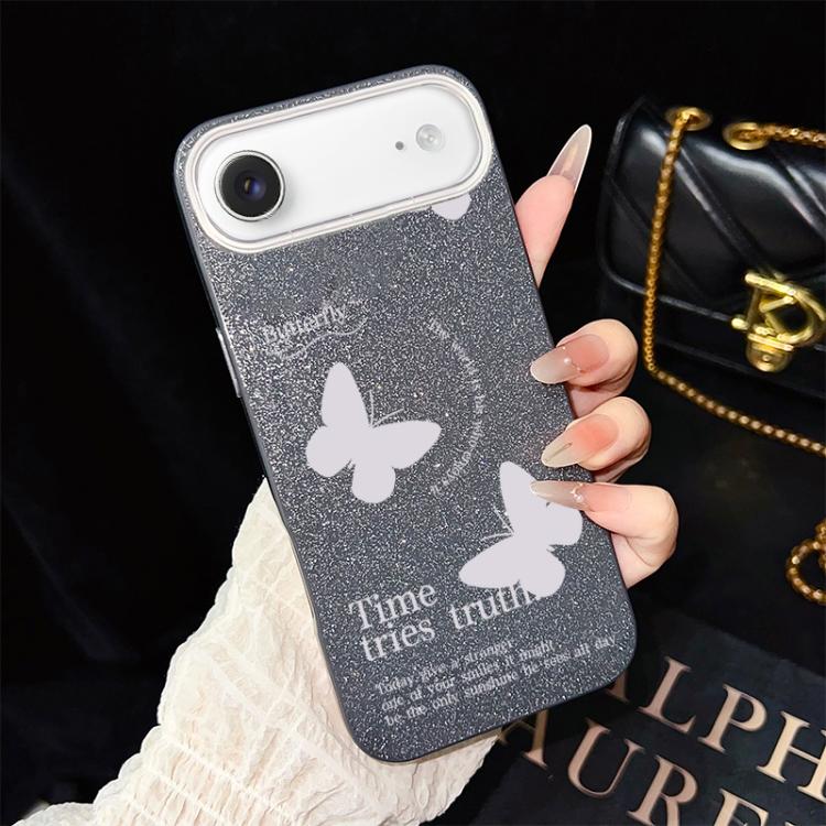 For iPhone Air White Butterflies Pattern IMD Glitter PC Hybrid TPU Phone Case(Black)