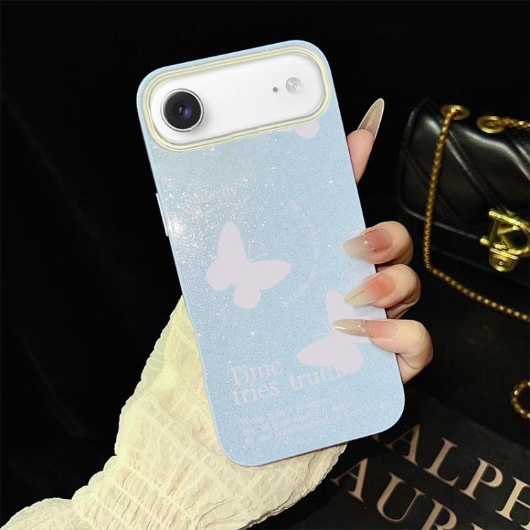 For iPhone Air White Butterflies Pattern IMD Glitter PC Hybrid TPU Phone Case(Blue)