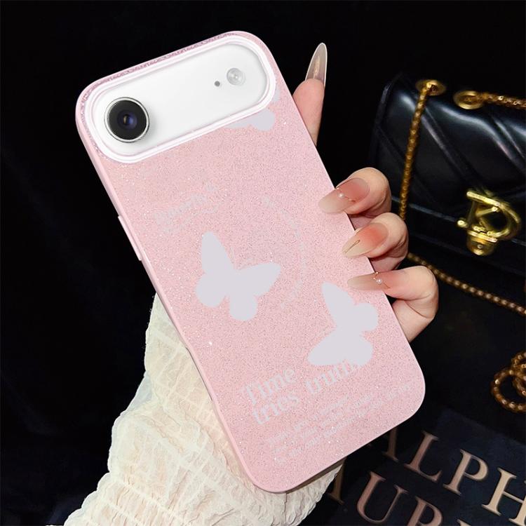 For iPhone Air White Butterflies Pattern IMD Glitter PC Hybrid TPU Phone Case(Pink)