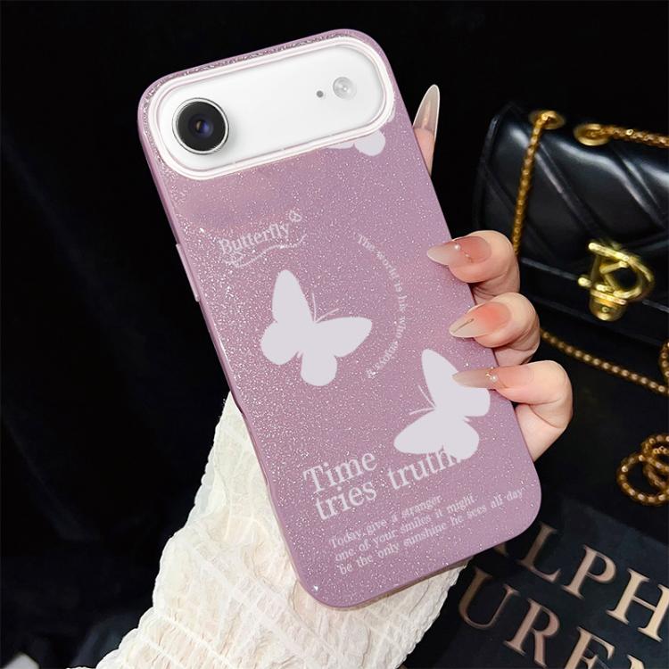 For iPhone Air White Butterflies Pattern IMD Glitter PC Hybrid TPU Phone Case(Purple)