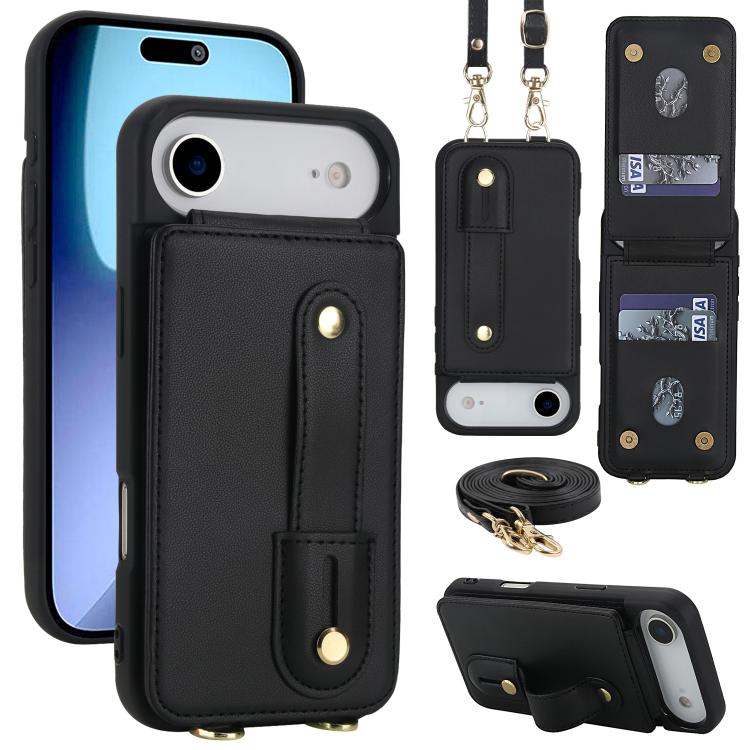 For iPhone Air Wristband Vertical Flip Wallet Back Cover Phone Case with Long Lanyard(Black)