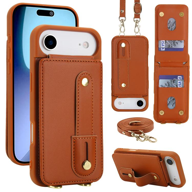 For iPhone Air Wristband Vertical Flip Wallet Back Cover Phone Case with Long Lanyard(Brown)