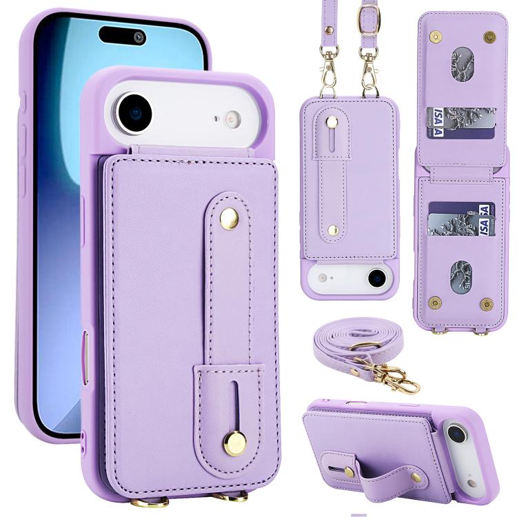 For iPhone Air Wristband Vertical Flip Wallet Back Cover Phone Case with Long Lanyard(Purple)