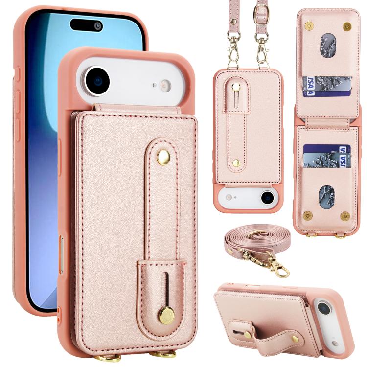 For iPhone Air Wristband Vertical Flip Wallet Back Cover Phone Case with Long Lanyard(Rose Gold)