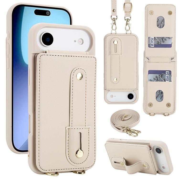 For iPhone Air Wristband Vertical Flip Wallet Back Cover Phone Case with Long Lanyard(White)