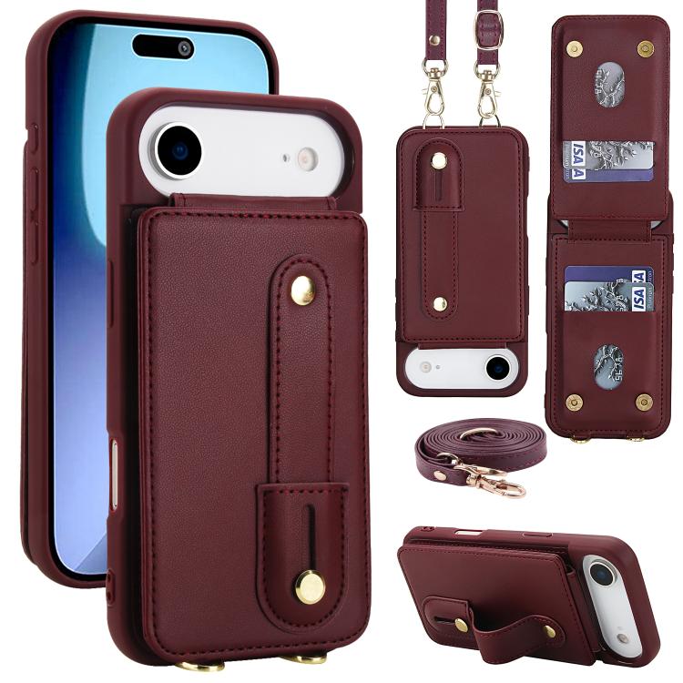 For iPhone Air Wristband Vertical Flip Wallet Back Cover Phone Case with Long Lanyard(Wine Red)
