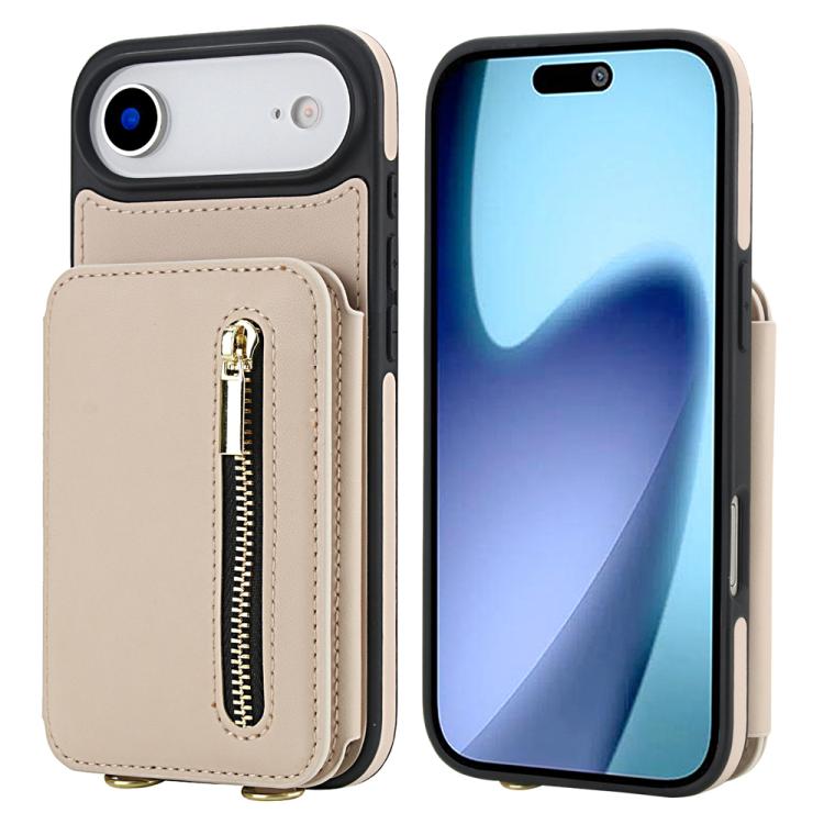 For iPhone Air YM006 Skin Feel Zipper Card Bag Phone Case with Dual Lanyard(Apricot)