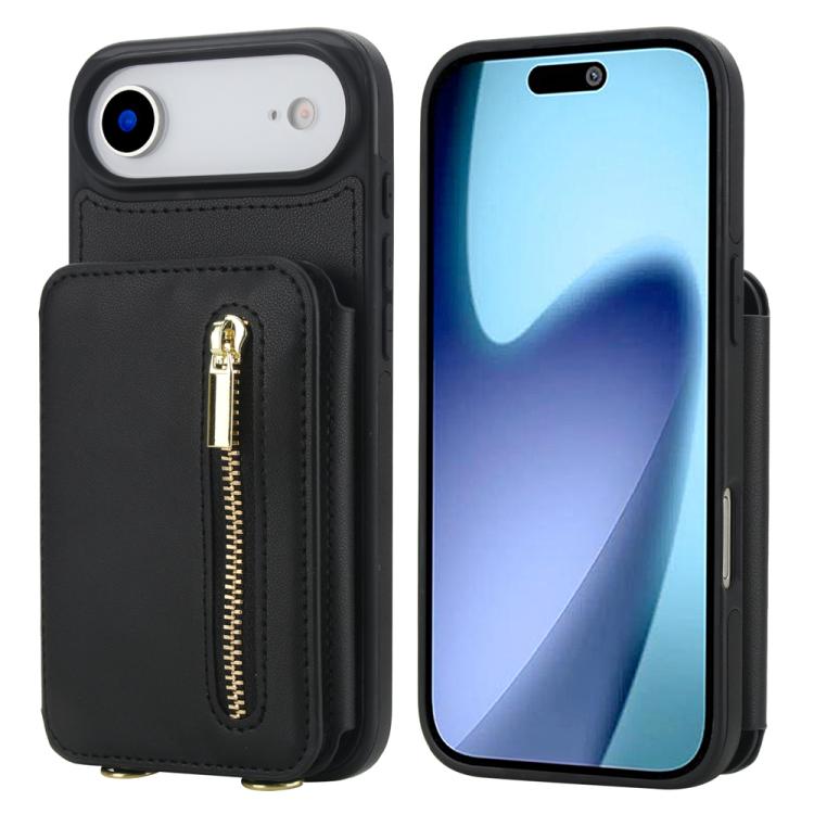 For iPhone Air YM006 Skin Feel Zipper Card Bag Phone Case with Dual Lanyard(Black)