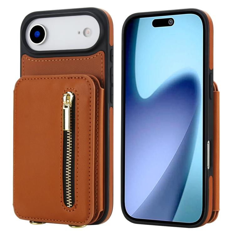 For iPhone Air YM006 Skin Feel Zipper Card Bag Phone Case with Dual Lanyard(Brown)