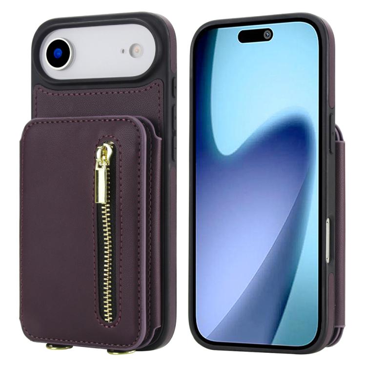For iPhone Air YM006 Skin Feel Zipper Card Bag Phone Case with Dual Lanyard(Dark Purple)