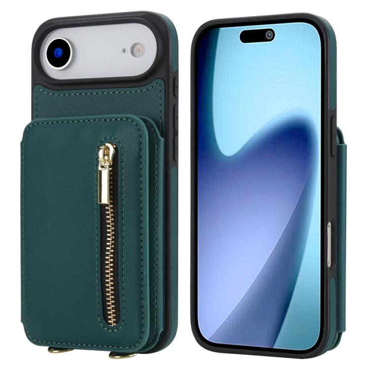 For iPhone Air YM006 Skin Feel Zipper Card Bag Phone Case with Dual Lanyard(Green)