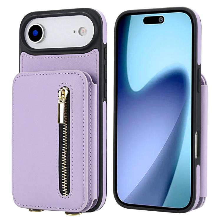 For iPhone Air YM006 Skin Feel Zipper Card Bag Phone Case with Dual Lanyard(Light Purple)
