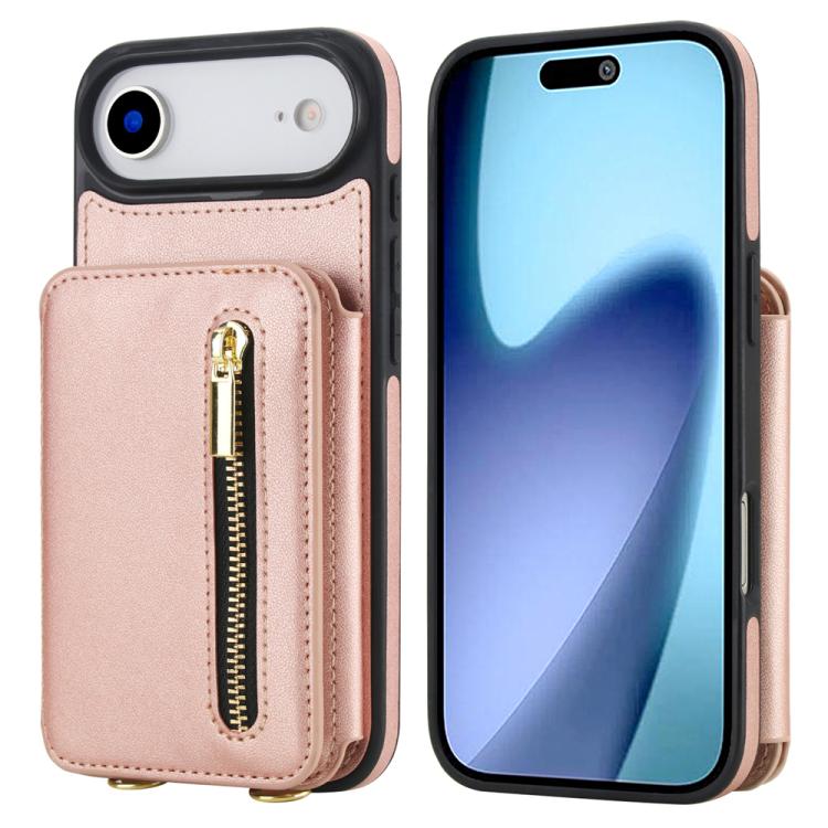 For iPhone Air YM006 Skin Feel Zipper Card Bag Phone Case with Dual Lanyard(Rose Gold)