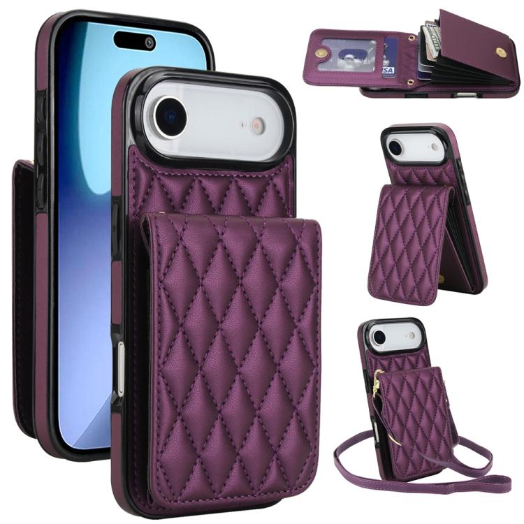For iPhone Air YM015 Crossbody Rhombic Card Bag RFID Phone Case(Dark Purple)