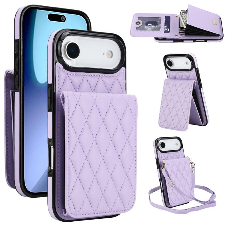 For iPhone Air YM015 Crossbody Rhombic Card Bag RFID Phone Case(Light Purple)