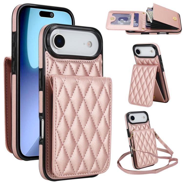 For iPhone Air YM015 Crossbody Rhombic Card Bag RFID Phone Case(Rose Gold)