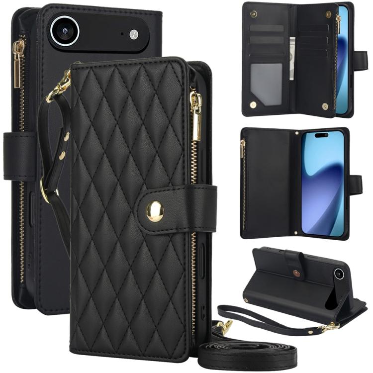 For iPhone Air YM016 Rhombic Zipper Card Wallet Leather Phone Case with Lanyard(Black)