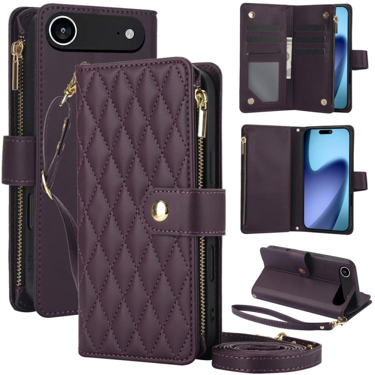 For iPhone Air YM016 Rhombic Zipper Card Wallet Leather Phone Case with Lanyard(Dark Purple)