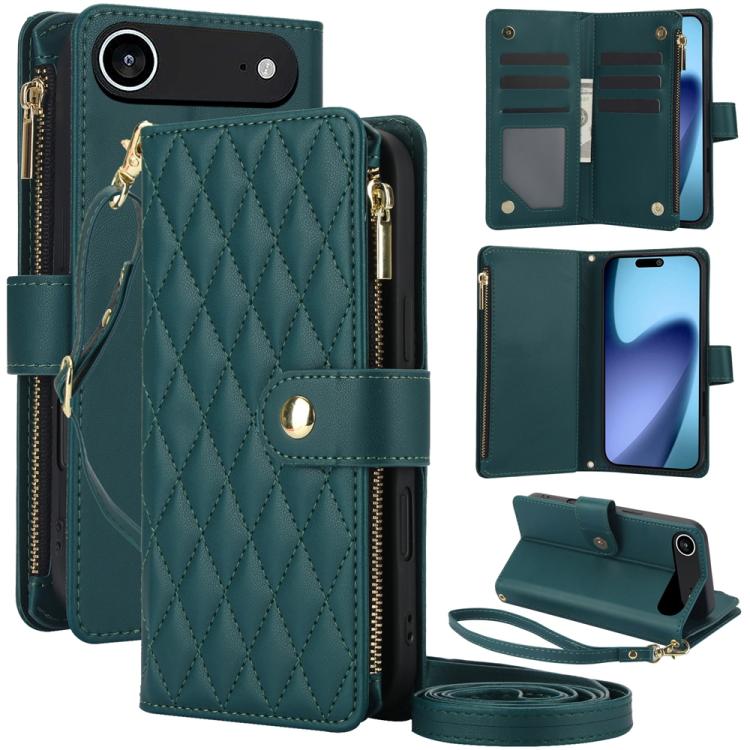 For iPhone Air YM016 Rhombic Zipper Card Wallet Leather Phone Case with Lanyard(Green)