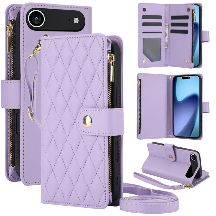 For iPhone Air YM016 Rhombic Zipper Card Wallet Leather Phone Case with Lanyard(Light Purple)
