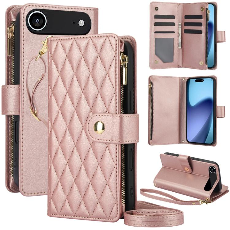 For iPhone Air YM016 Rhombic Zipper Card Wallet Leather Phone Case with Lanyard(Rose Gold)