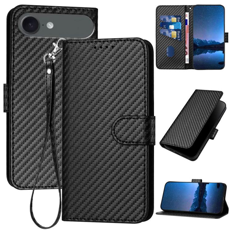For iPhone Air YX0070 Carbon Fiber Buckle Leather Phone Case with Lanyard(Black)