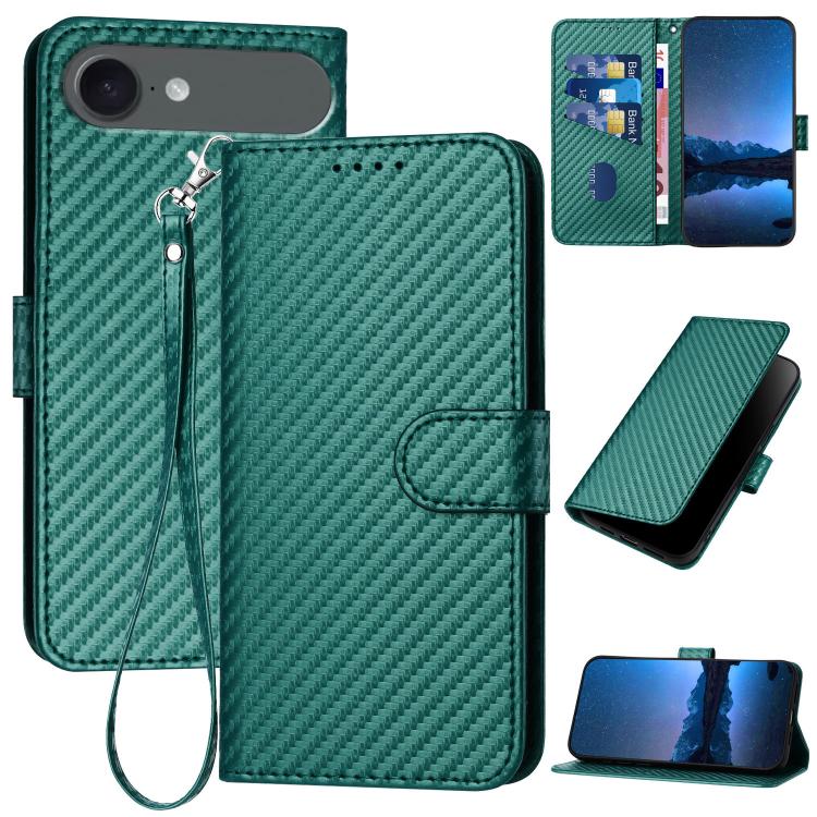 For iPhone Air YX0070 Carbon Fiber Buckle Leather Phone Case with Lanyard(Dark Green)