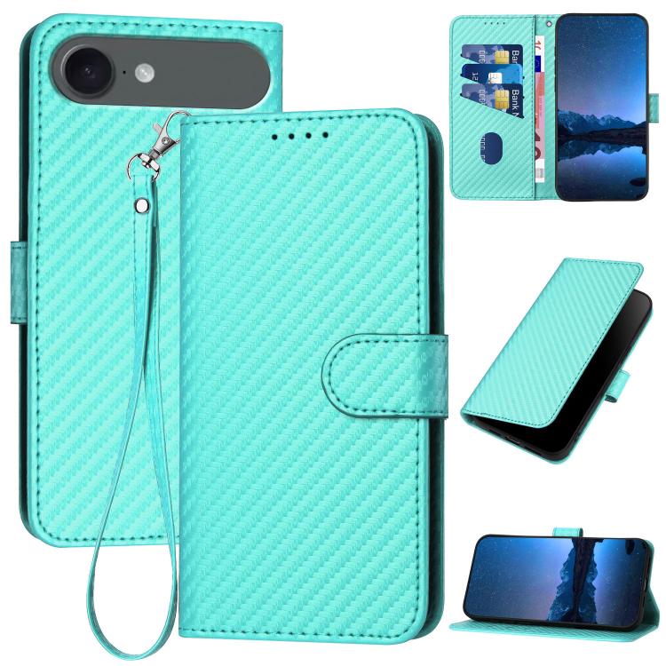 For iPhone Air YX0070 Carbon Fiber Buckle Leather Phone Case with Lanyard(Light Blue)