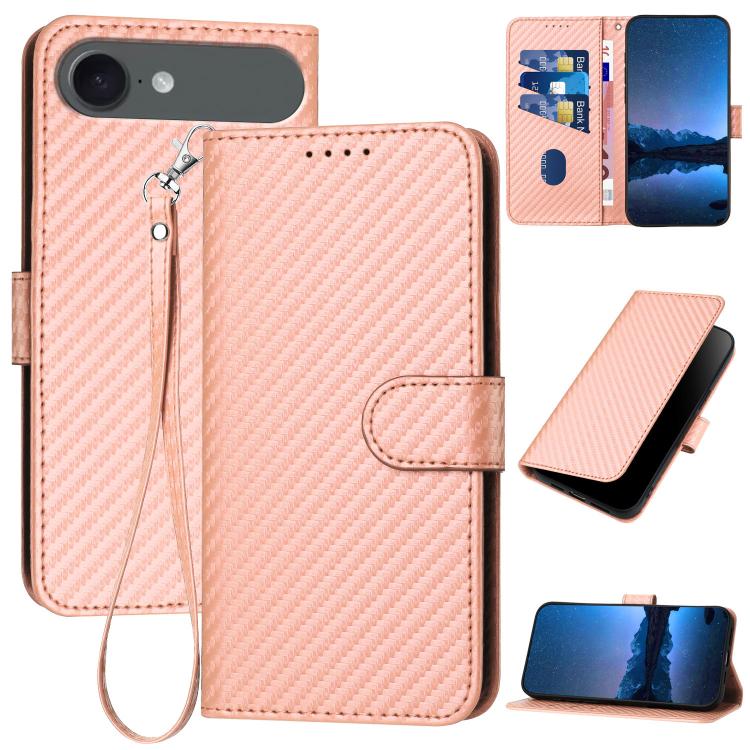 For iPhone Air YX0070 Carbon Fiber Buckle Leather Phone Case with Lanyard(Pink)