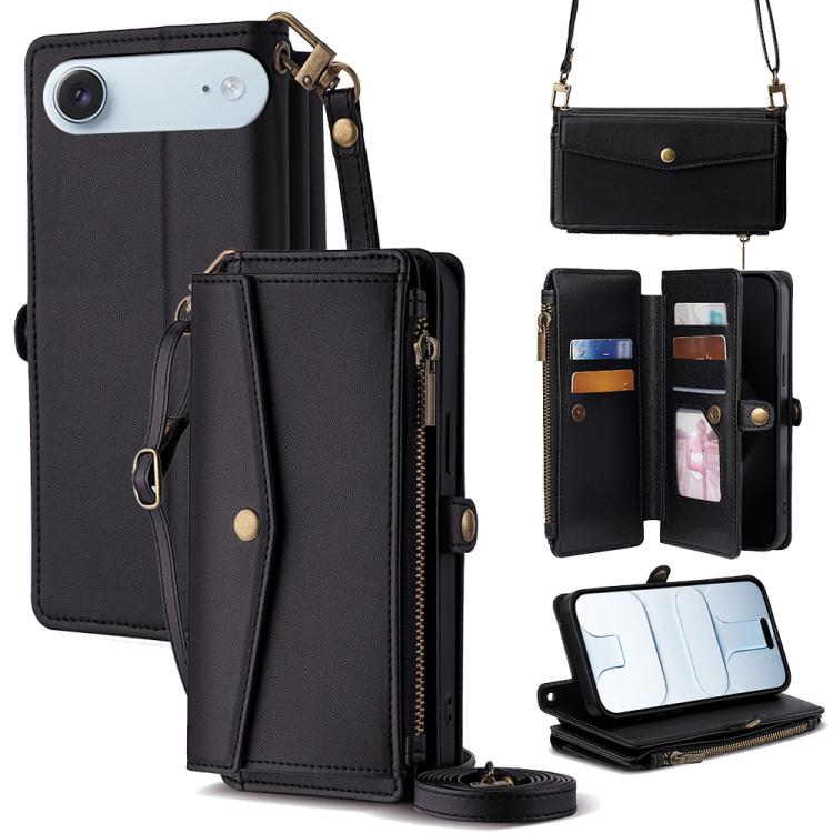 For iPhone Air Zipper Wallet Side Buckle Crossbody Lanyard Leather Phone Case(Black)