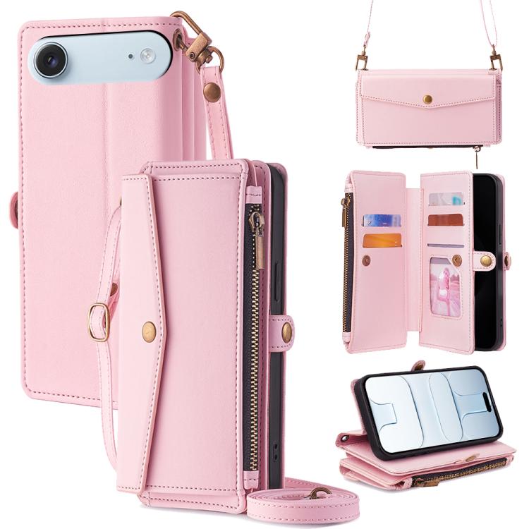 For iPhone Air Zipper Wallet Side Buckle Crossbody Lanyard Leather Phone Case(Rose Gold)