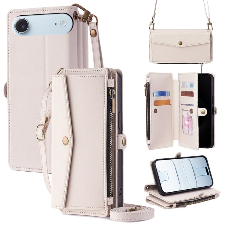 For iPhone Air Zipper Wallet Side Buckle Crossbody Lanyard Leather Phone Case(White)