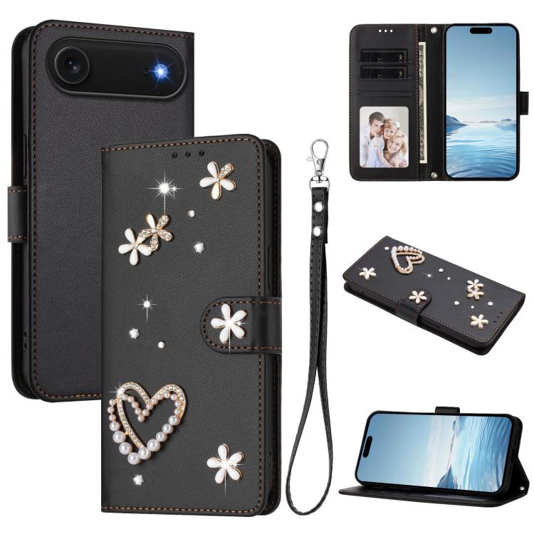 For iPhone Air ZS01 Double-Layer Heart Floral Vegan Leather Phone Case with Wrist Strap(Black)