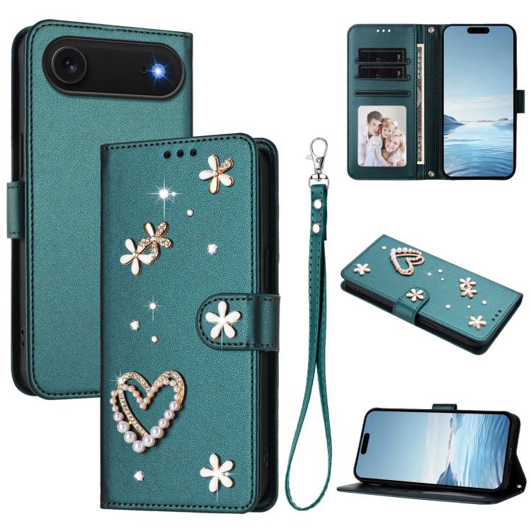 For iPhone Air ZS01 Double-Layer Heart Floral Vegan Leather Phone Case with Wrist Strap(Dark Green)