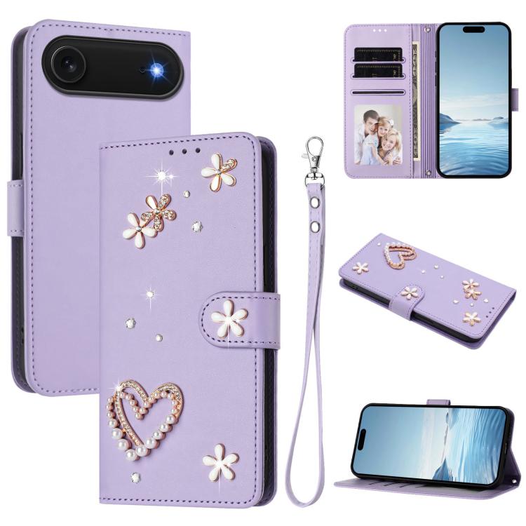 For iPhone Air ZS01 Double-Layer Heart Floral Vegan Leather Phone Case with Wrist Strap(Light Purple)